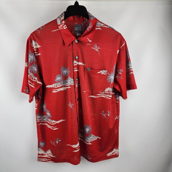 Quiksilver Shirt Mens Large Red Multi Vintage Netted Lightweight S/S USA - Picture 1 of 8
